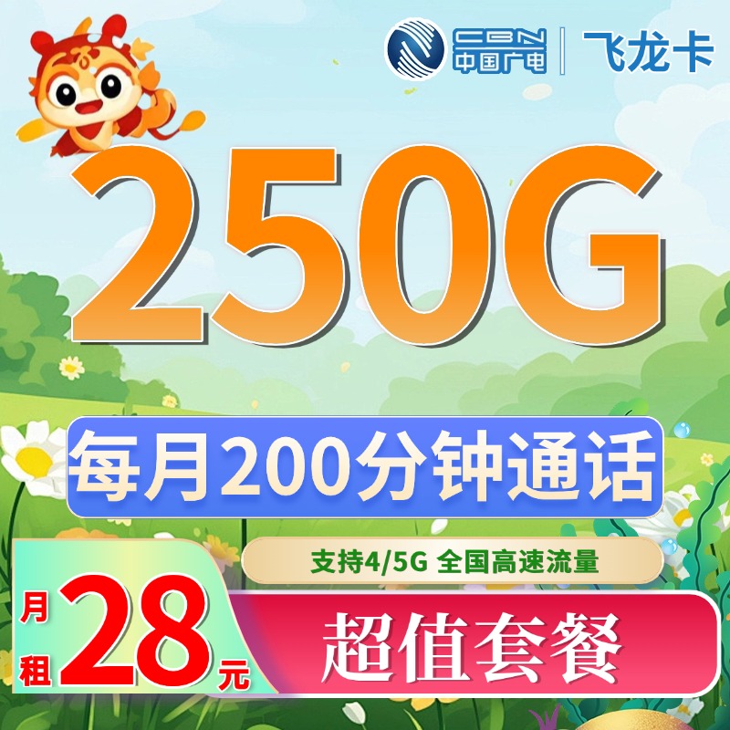 广电飞龙卡-28元250G+200分钟、超值套餐推荐包邮到家