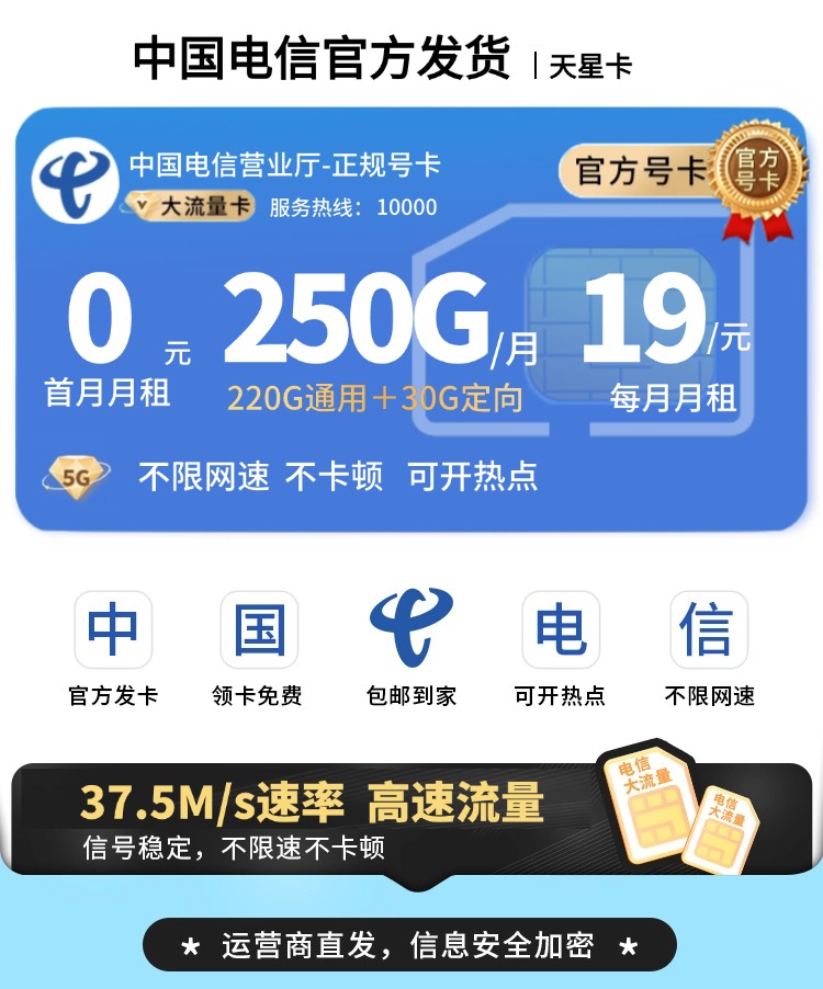 电信天星卡-19元250G|套餐可续|超值套餐